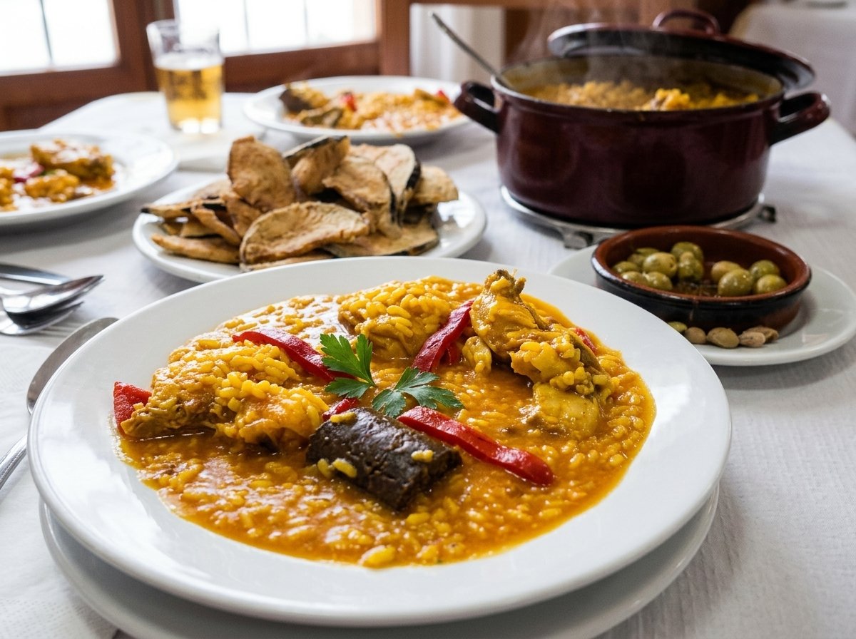 El auténtico Arroz Caldoso con Pollo de Venta El Túnel servido en mesa con berenjenas y su mítica olla